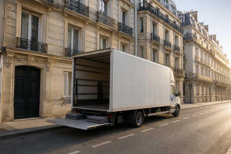 Camion de demenagement stationne devant un immeuble en pierre de taille du 7e arrondissement de Paris