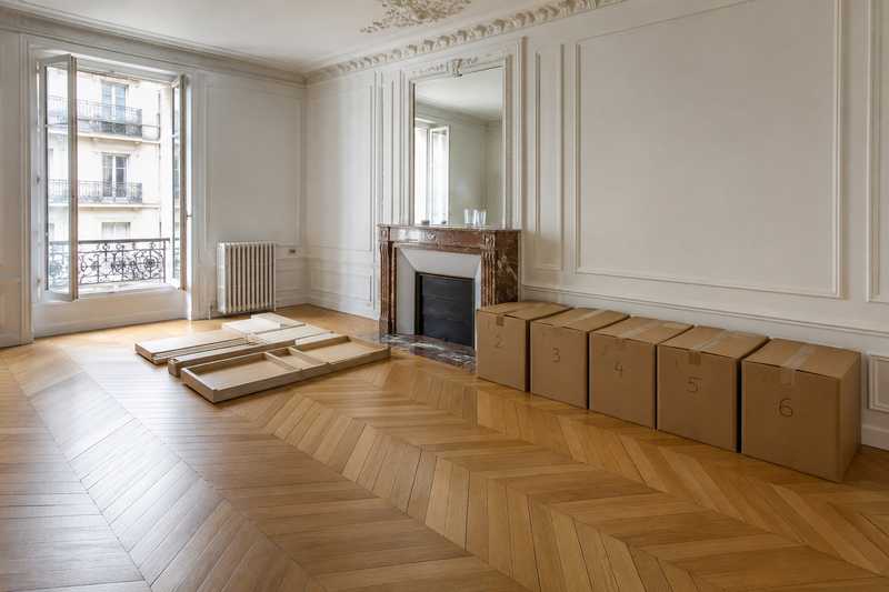 Salon parisien a moulures a moitie vide, cartons numerotes alignes contre le mur