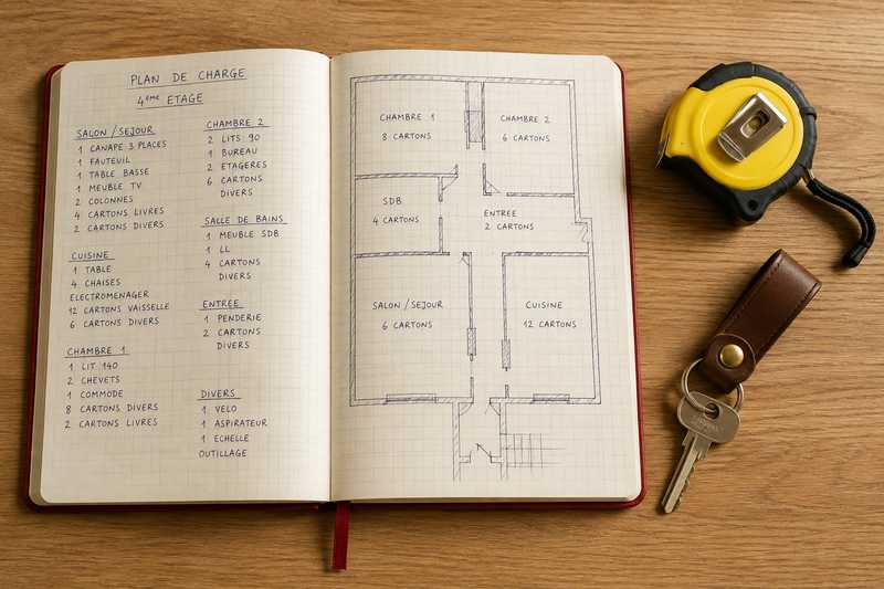 Carnet de plan de charge manuscrit, metre ruban et cle d'appartement sur une table en chene