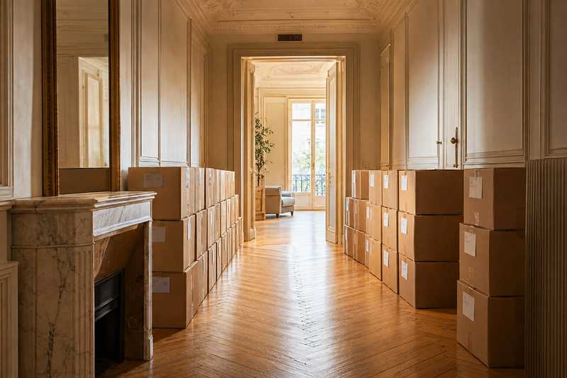 Couloir d'appartement parisien borde de cartons etiquetes empiles par deux