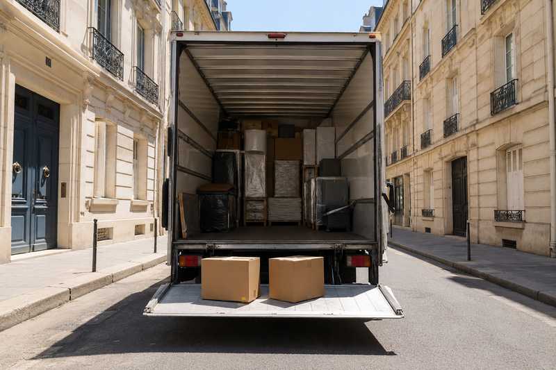 Camionnette de demenagement au hayon ouvert dans une rue etroite du centre de Paris