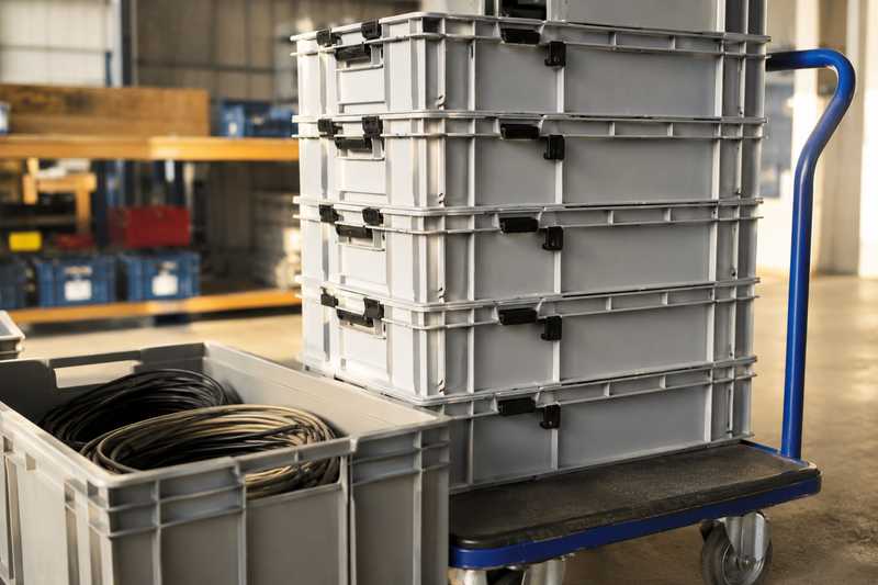 Caisses informatiques fermees par des cavaliers de securite sur un chariot a plateforme