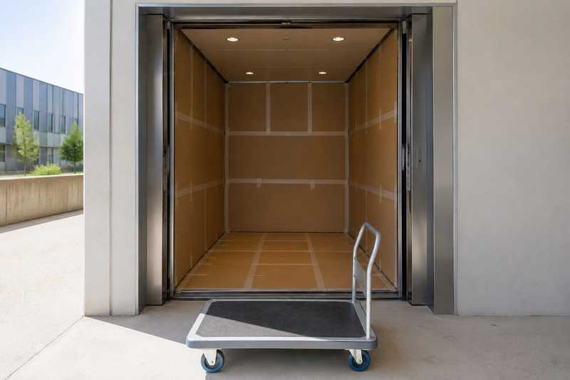 Ascenseur de service habille de protections en carton, chariot plat vide devant la cabine