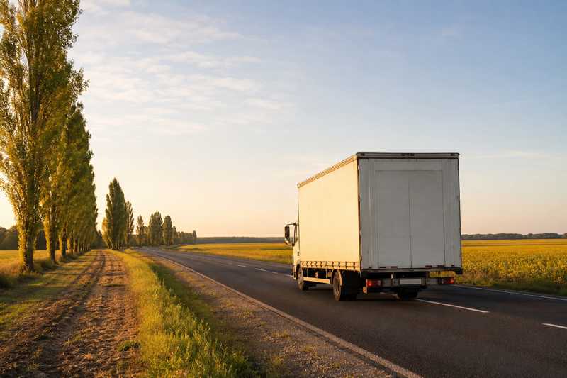 Poids lourd de demenagement sur une autoroute francaise bordee de champs