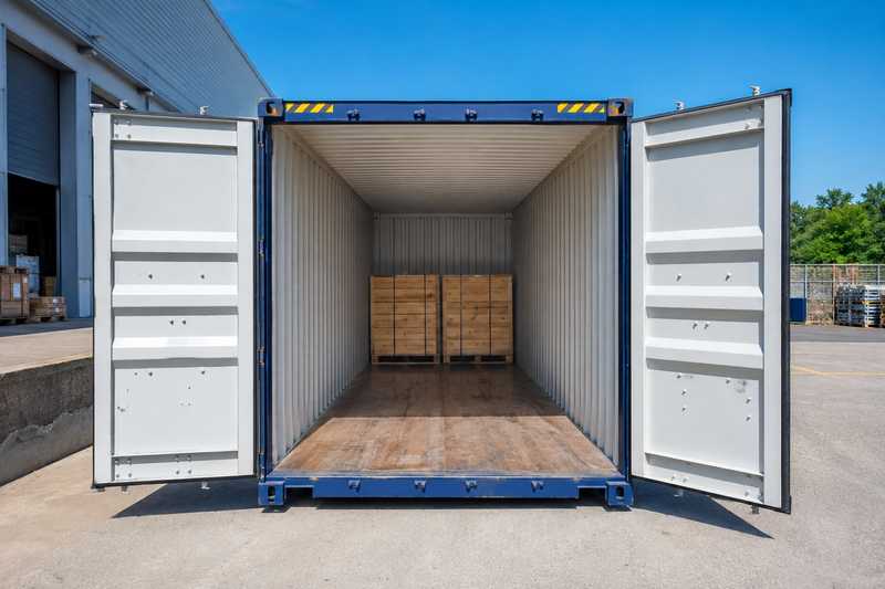 Conteneur maritime aux portes ouvertes sur un quai, premieres caisses de bois calees au fond