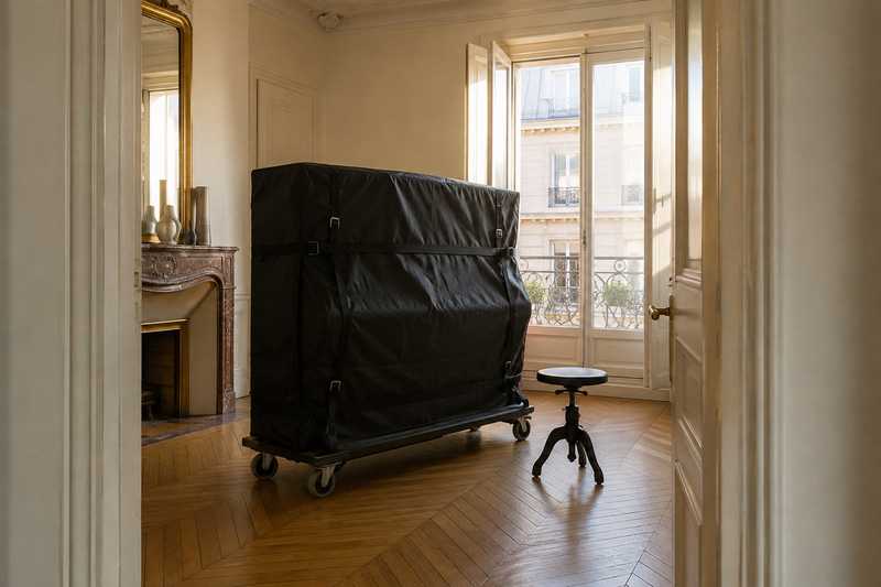 Piano droit housse et sangle sur un chariot bas, dans un couloir a parquet chevrons