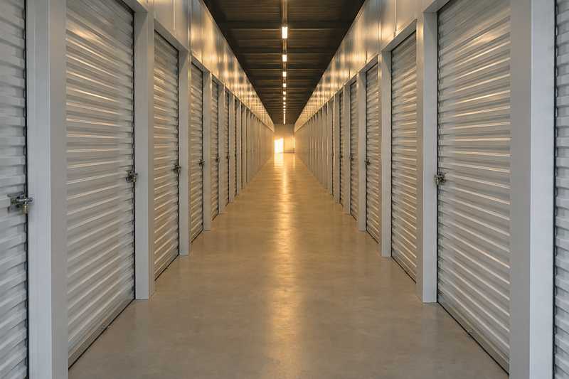 Allee de centre de self-stockage bordee de portes metalliques identiques