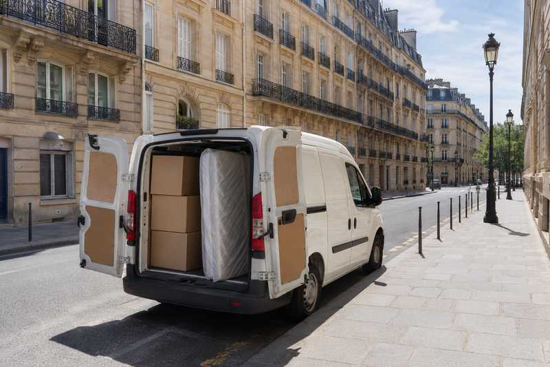 Petite camionnette portes ouvertes le long d'un trottoir, cartons et matelas housse charges