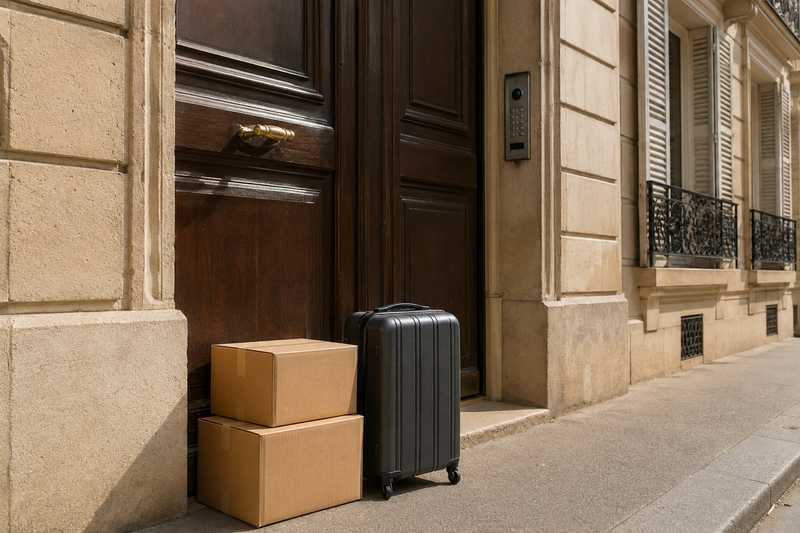 Deux cartons a livres et une valise rigide poses devant une porte cochere en bois peint