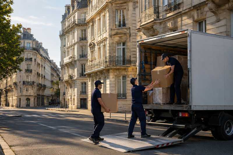 Trois demenageurs chargent des cartons sur le hayon d'un camion dans une rue parisienne deserte