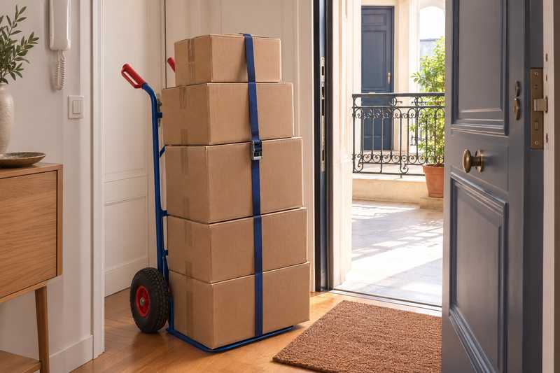 Diable de manutention charge de cinq cartons sangles dans l'entree d'un appartement