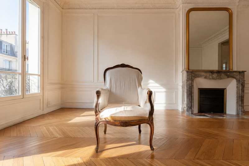 Fauteuil ancien a accoudoirs de bois partiellement housse, seul dans une piece lumineuse